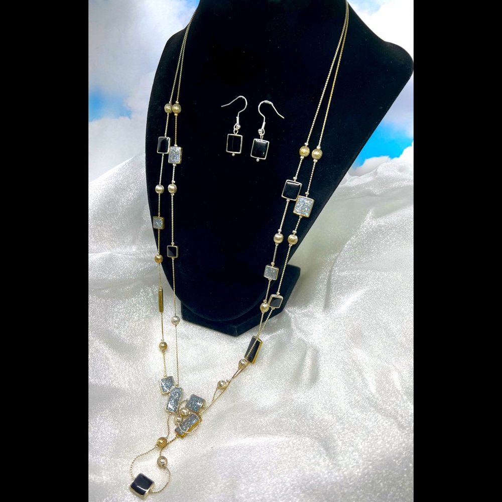 Vintage Double Strand Station Silver Glitter Opaque Black Enameled Sq Necklace